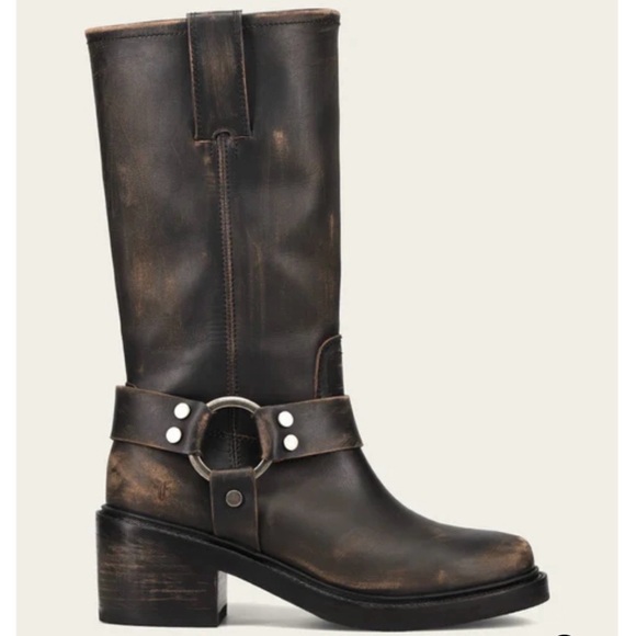 Frye Shoes - Frye Distressed Brown Leather Harness Mid-Calf Boot with Block Heel
